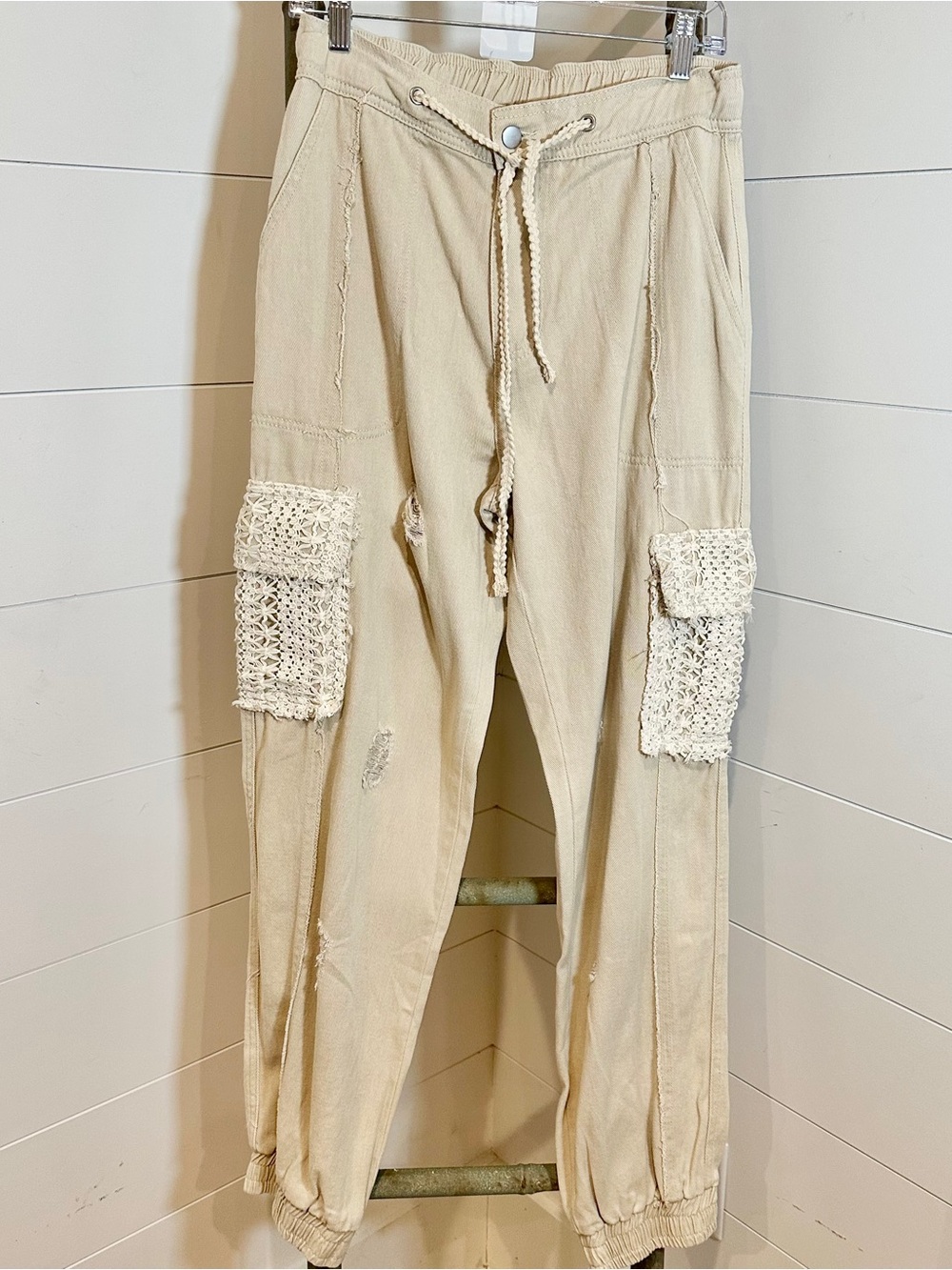 NEW Bestseller : “The Gigi”Beige Crochet-Pocket Cargo Joggers